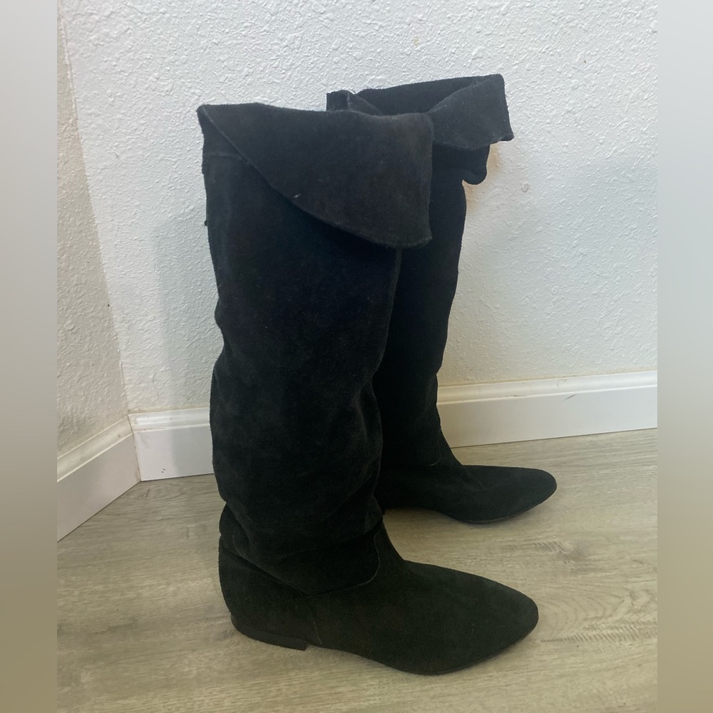 Vintage Mister Shoes Black Suede Leather flat over the knee flat boot size 9